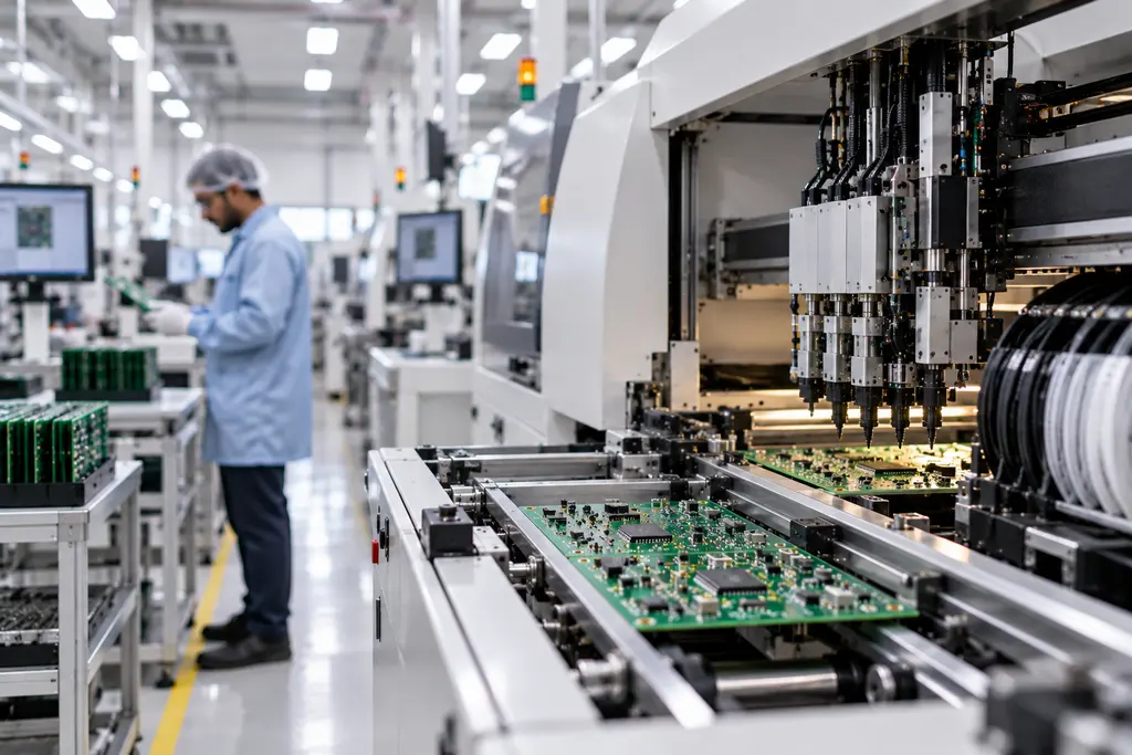 A circuit board leaving a pick and place machine on a surface mount line
