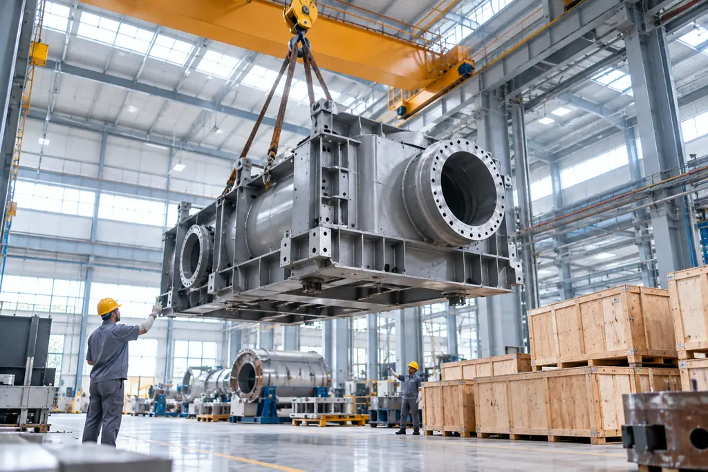 A large fabricated assembly lifted by an overhead crane beside export crates