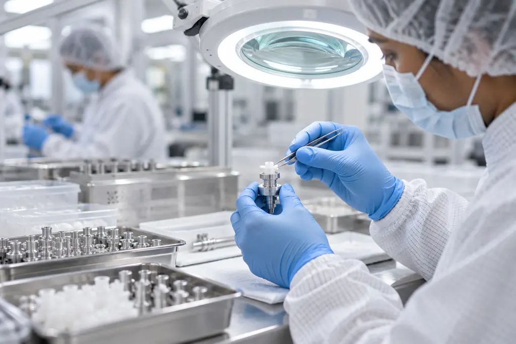A technician assembling a small medical device component in a clean room