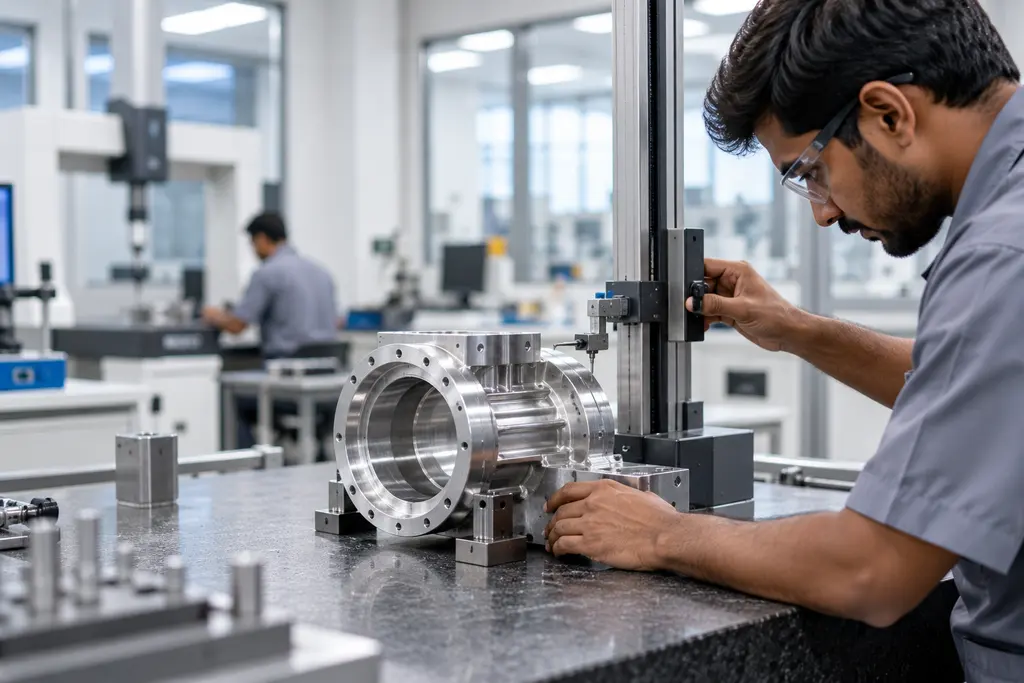 A technician measuring a machined housing with a height gauge on a granite plate